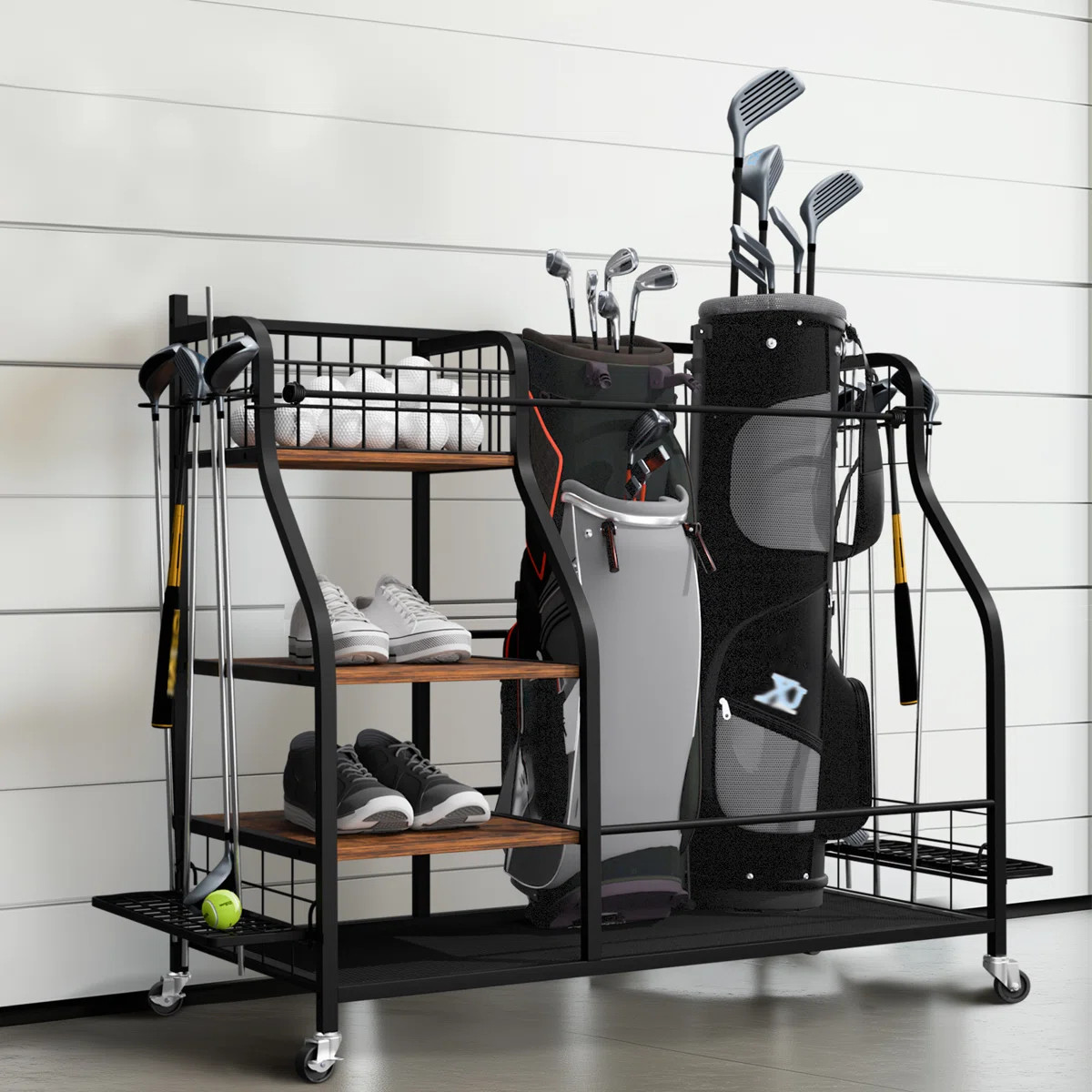 Golf Bag Storage Stand Multifunctional Metal Golf Bags Organizer Rack With Shelves Rolling Multi-... | Wayfair North America