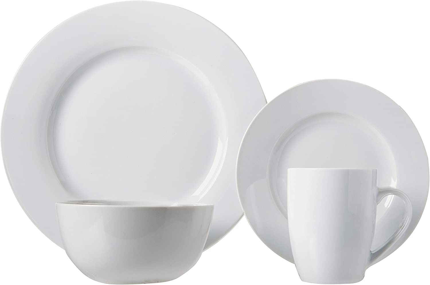 Amazon Basics 16-Piece Kitchen Dinnerware Set, Plates, Bowls, Mugs, Service for 4, White | Amazon (US)