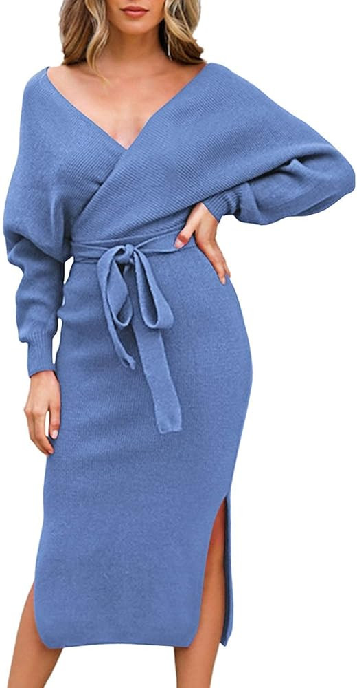Selowin Women Sexy V Neck Backless Wrap Batwing Sleeve Slit Belted Sweater Dresses | Amazon (US)