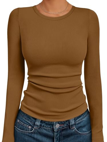AUTOMET Women's Ribbed Long Sleeve Basic Top - Soft Stretch Crewneck Shirt for Work & Casual Light Brown M | Amazon (US)