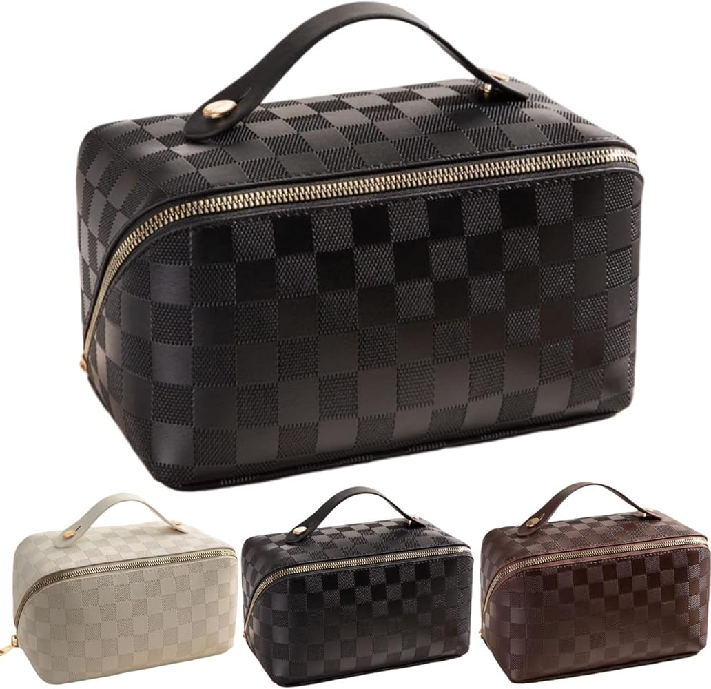 Large Capacity Checkered Makeup Bags Portable Travel Cosmetic Bags Open-Flat Toiletry Waterproof ... | Amazon (US)