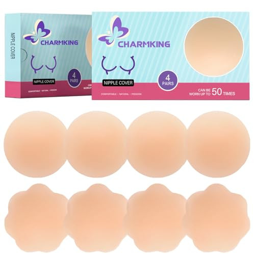 CHARMKING Nipple Covers 4 Pairs for Women, Reusable Adhesive Nipple Coverings, Invisible Pasties Silicone Cover Beige | Amazon (US)