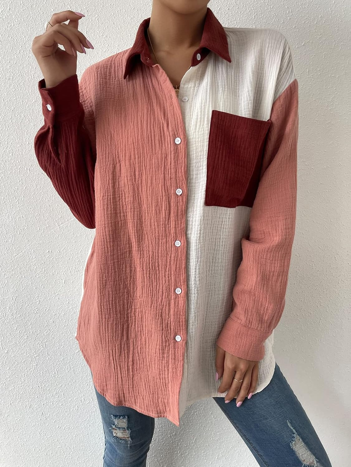 MakeMeChic Women's Oversized Button Down Shirts Collared Button Up Shirt Blouse Top | Amazon (US)