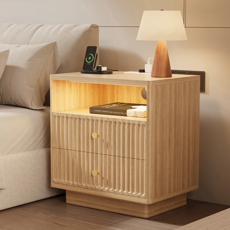 Paproos Nightstand with Charging Station, 23'' Wide Modern Oak Nightstand with Motion-Sensor LED ... | Walmart (US)