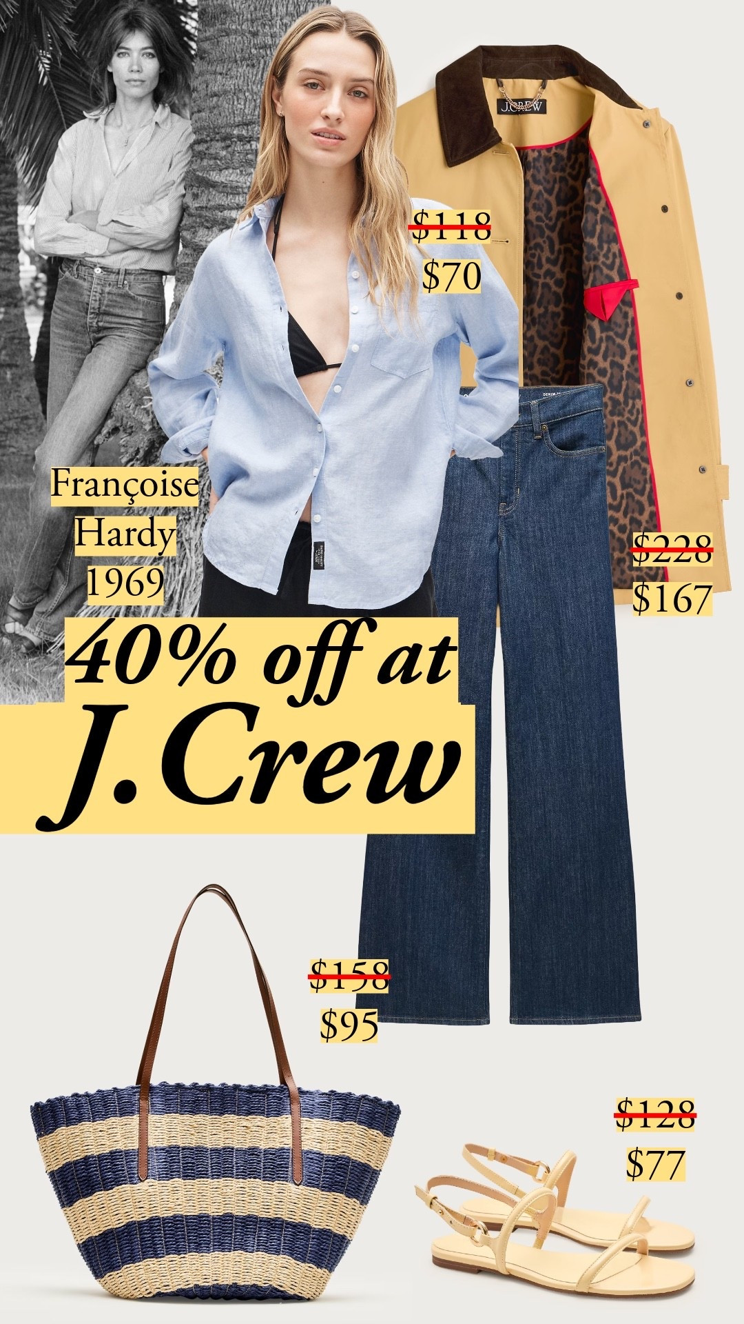 Françoise Hardy's style is in her proportions. The jeans have a natural, fitted waist and ease through the leg, so I found the trouser jeans to give that silhouette. She's got a button up, but it's soft and open rather than stiff and stodgy. The button up in Baird McNutt linen arrives so soft, no need to break it in. It's 2026, so we love a classic barn jacket, and the camel tone contrasts with the blues beautifully. The outfit is great for summer and looks forward to fall, too. The bag and sandals echo the outfit without going juvenile matchy-matchy. barn jacket, work outfit, dress, wide jean, cardigan, sandals, kitten-heel sandals, heels, heel, utility jacket, crewneck sweater, cosmo pant, pant, woven straw tote, tote bag, trouser jean, classic shirt

#LTKootd #LTKSaleAlert