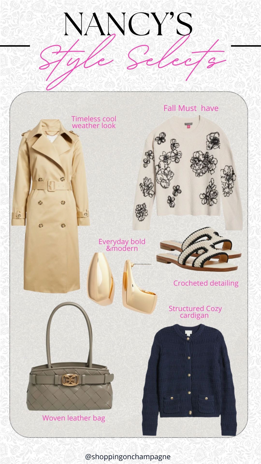 My fall style edit is all about timeless neutrals, cozy textures, and effortless layering. I’m loving the mix of a classic trench, floral knit, and structured cardigan paired with bold gold jewelry and a woven leather bag. Each piece feels elevated yet wearable, perfect for creating a polished, modern look that still feels cozy for the season. [fall outfit ideas neutral style capsule wardrobe cozy fall looks timeless fashion chic fall outfits minimal style inspo classic staples]

#LTKOver40 #LTKFindsUnder100 #LTKSaleAlert