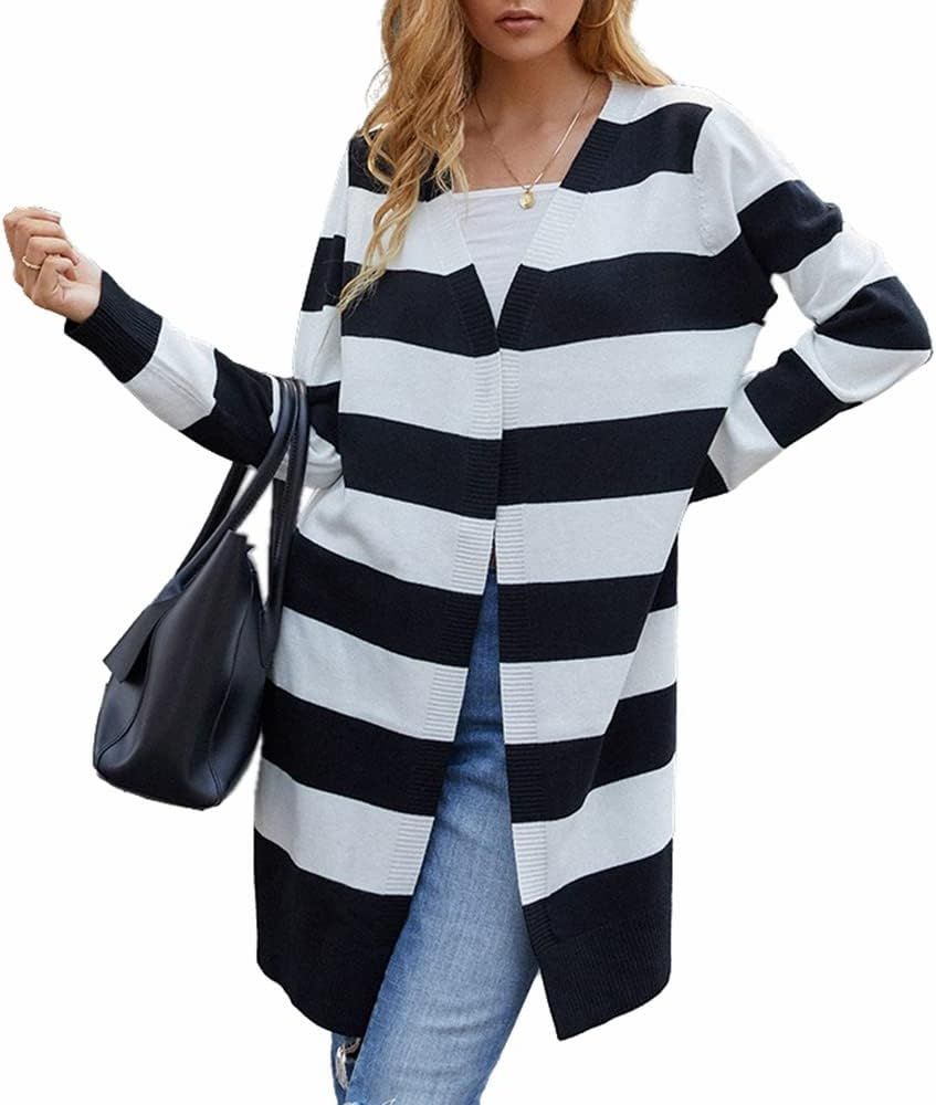 YOXUA Women's Long Sleeve Open Front Knitted Color Block Striped Loose Fit Cardigan Sweater | Amazon (US)