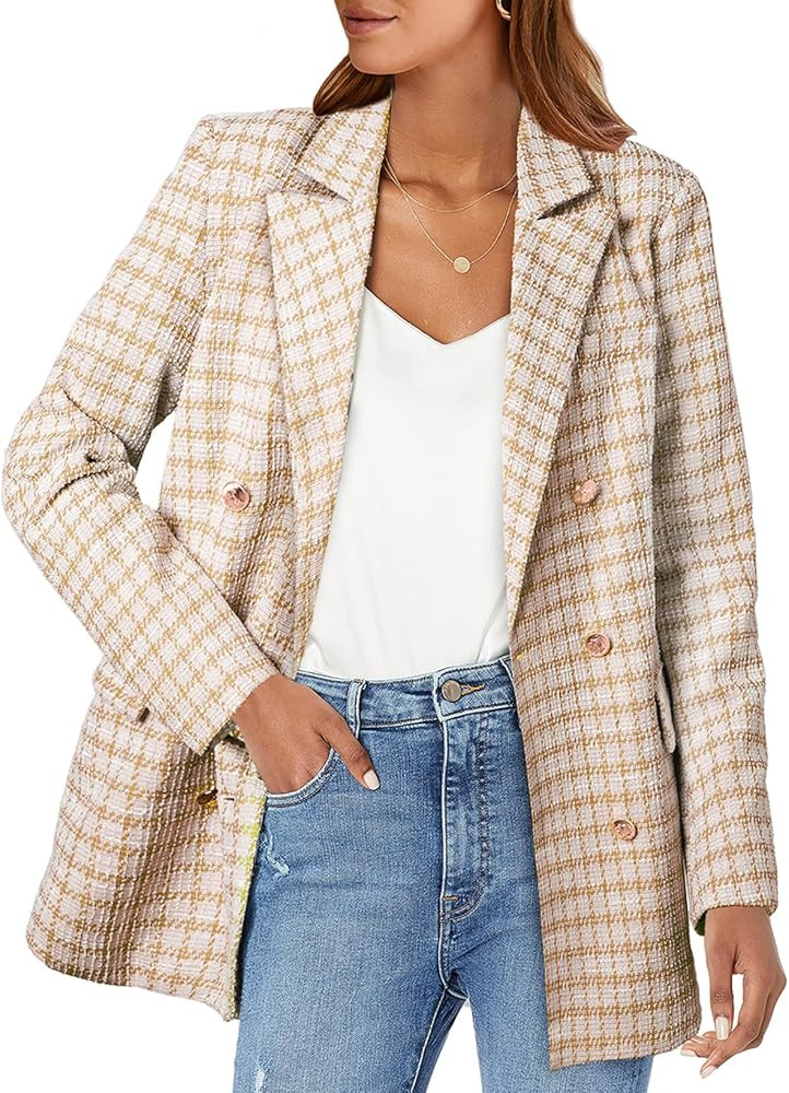 Happy Sailed Womens Tweed Blazers Casual Jackets Long Sleeve Double Breasted Open Front Plaid Bla... | Amazon (US)