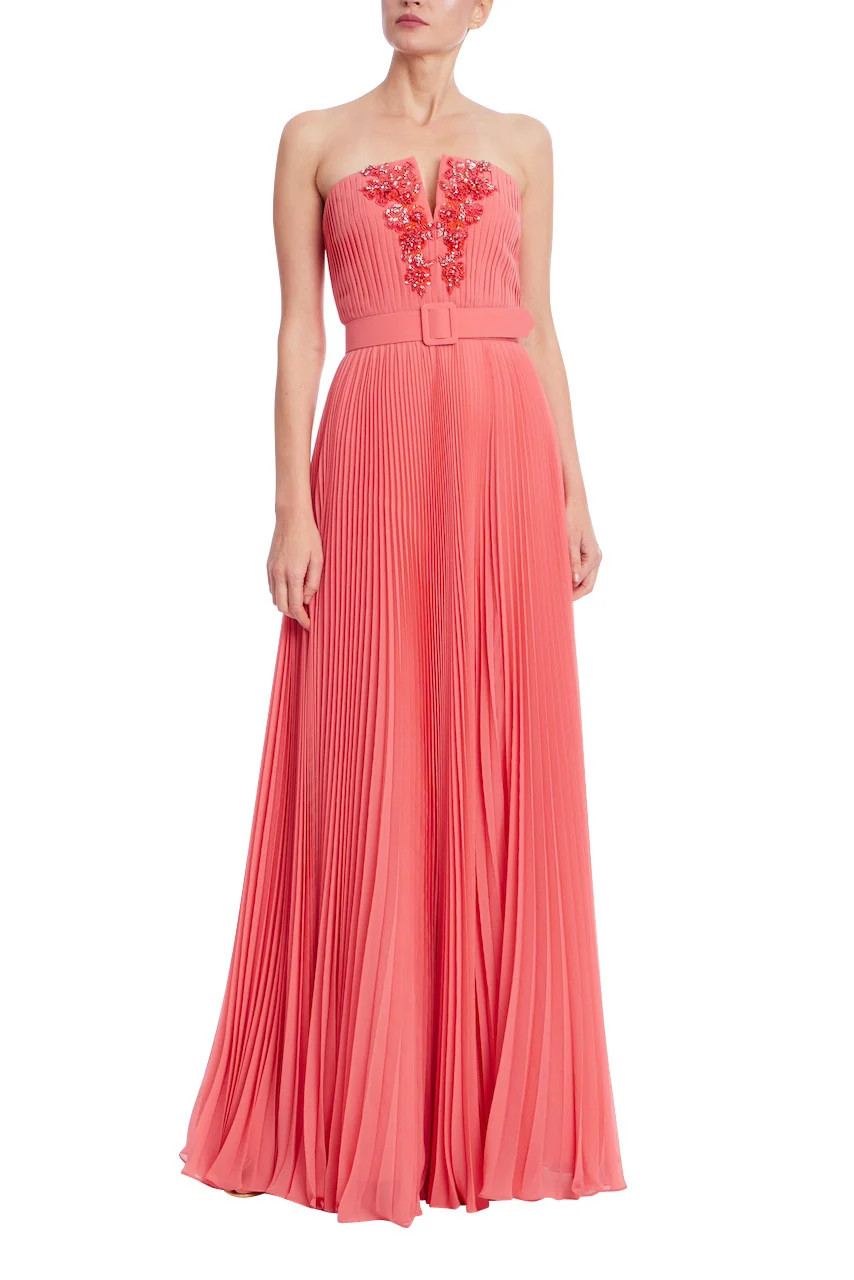 Strapless Coral Pleated Gown with Beaded Bodice by Badgley Mischka | Badgley Mischka
