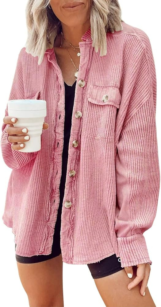 Apvirdy Womens Corduroy Knit Shirt Jacket Oversized Batwing Long Sleeve Button Down Shacket with ... | Amazon (US)