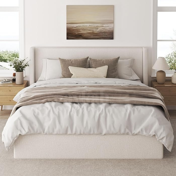Aura Beige Buttercream Upholstered King Size Bed Frame with Storage, Upholstered Headboard, Moder... | Amazon (CA)
