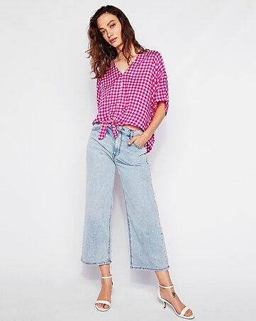 pink gingham tie front shirt | Express