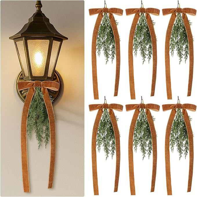 6 Pcs Artificial Christmas Teardrop Swag with Brown Velvet Bow 16" Vintage Faux Pine Needles Ligh... | Amazon (US)