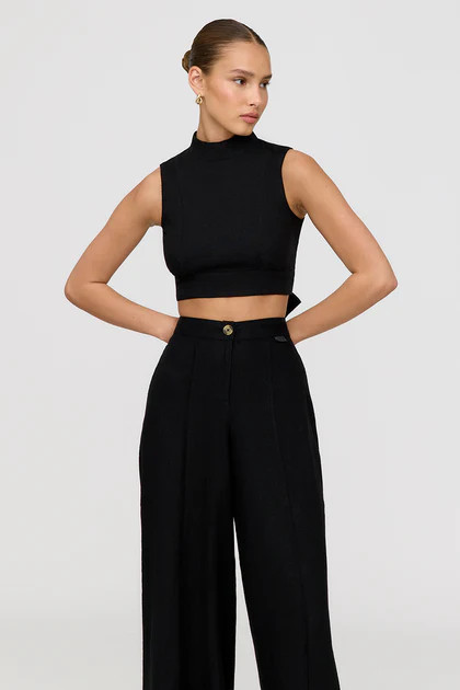 MONACO LINEN BLEND MOCK NECK TIE BACK CROP TOP - SHADOW BLACK | TALA (UK)