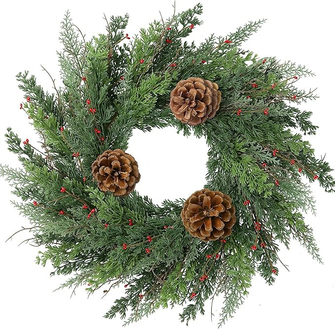 22’’ Real Touch Norfolk Pine Wreath Artificial Christmas Green Cedar Wreath for Front Door wi... | Amazon (US)