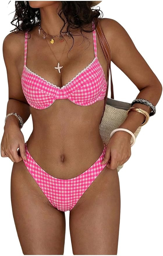 SHENHE Women's Push Up Swimsuits 2 Piece Gingham Plaid High Cut Cheeky Tie Back Bow Bikini Set | Amazon (US)