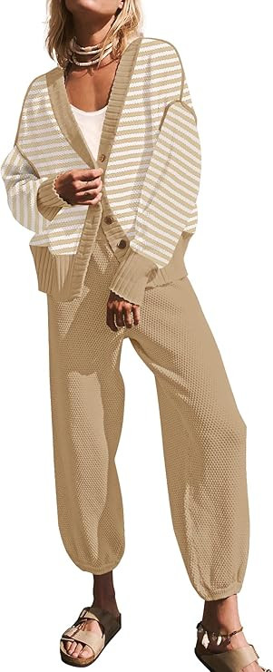 SAUKOLE Womens Two Piece Outfits Knit Sweater Sets Oversized Button Down Cardigan and Long Pants ... | Amazon (US)