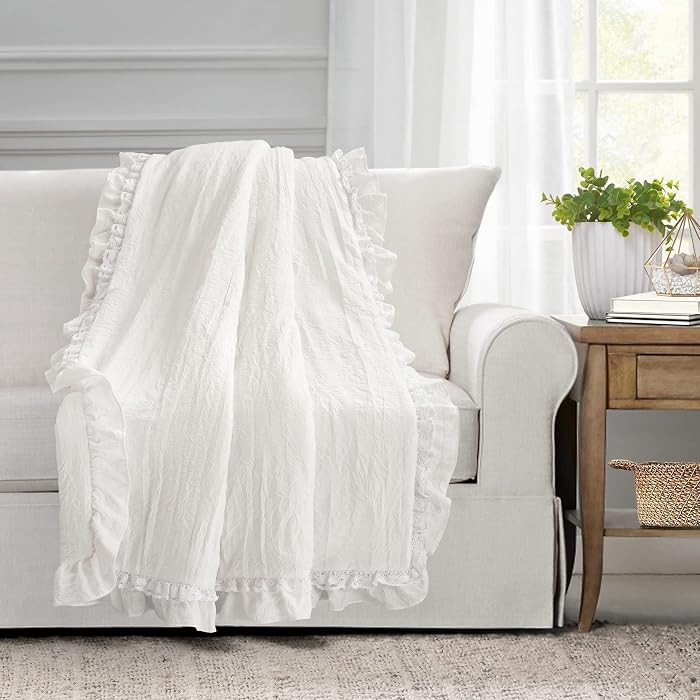 Lush Decor Ella Ruffle Lace Throw Blanket, 50" W x 60" L, White - Coquette Throw Blankets for Bed... | Amazon (US)