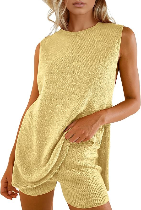 Womens Knit Pajamas Sets 2 Piece Outfits Casual Sleeveless Sweater Tank Top Shorts Loungewear Lou... | Amazon (US)