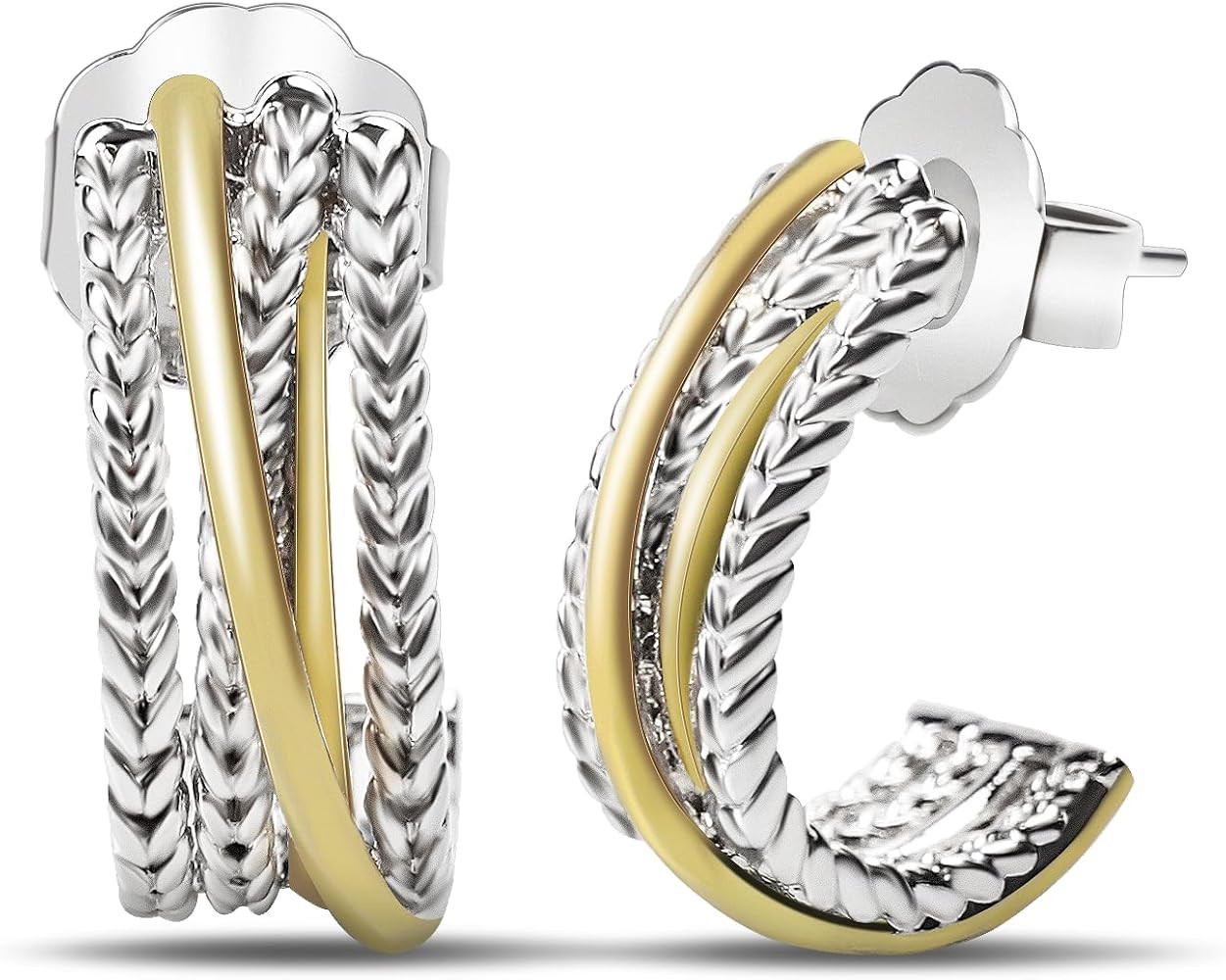 18K Gold Plated Twisted Cable Hoop Earrings Designer Inspired Two Toned C Hoop Earrings for Women... | Amazon (US)