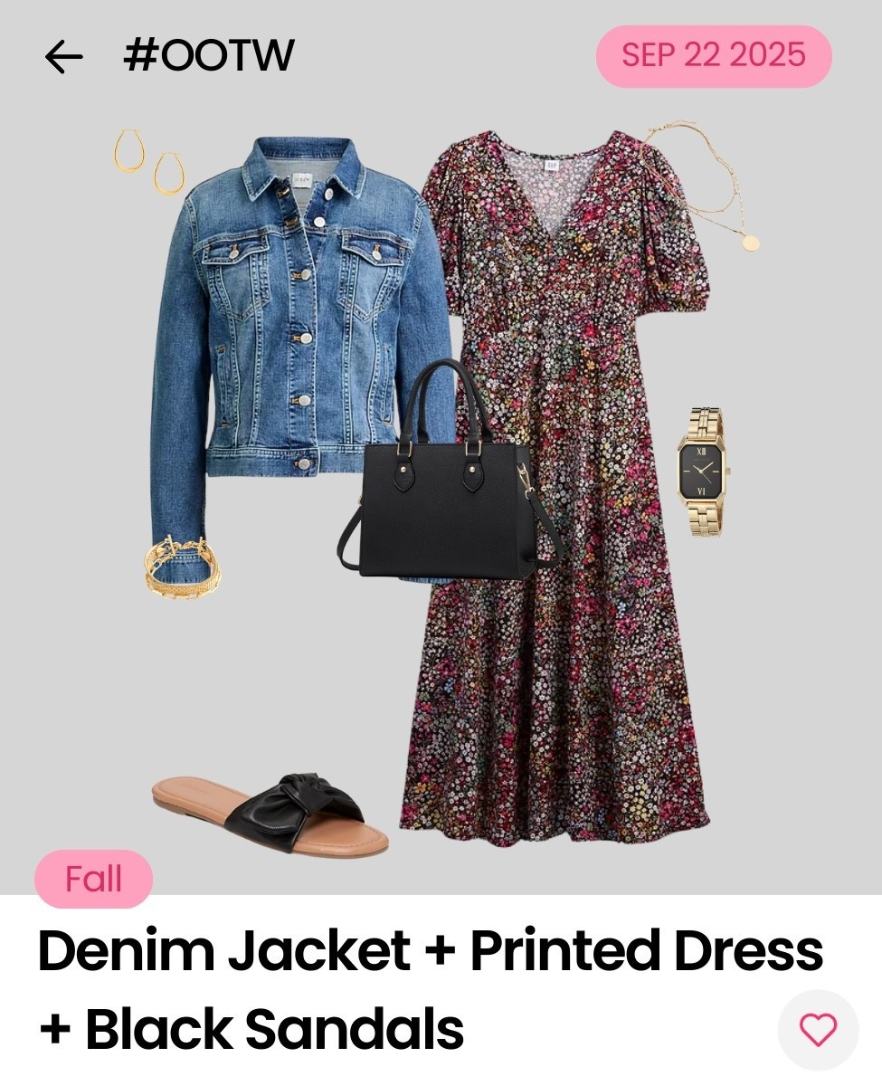 Easy to wear, impossible to forget. 🫶 #OOTW

🚨 THE FORMULA:
Denim Jacket + 
Printed Dress + 
Black Sandals 

Dress it up: Easily transition this formula by substituting the jacket with a navy or black blazer, and the sandals with a black or neutral heel or mule. 

Dress it down: This is the perfect casual formula, you’re all set! 

Check out all 30 outfits we've styled for September in our app 📲. 

#LTKMidsize #LTKOver40 #LTKStyleTip