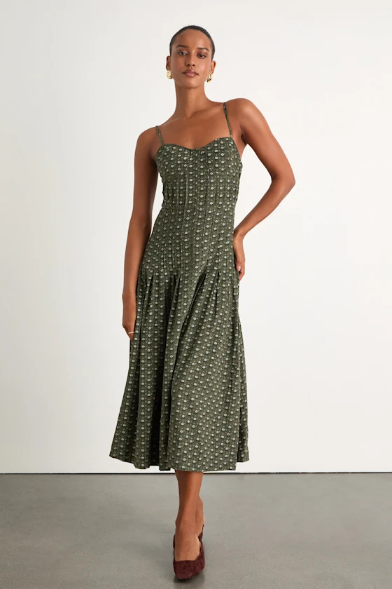 Joanna Olive Green Floral Corduroy Drop Waist Midi Dress | Lulus