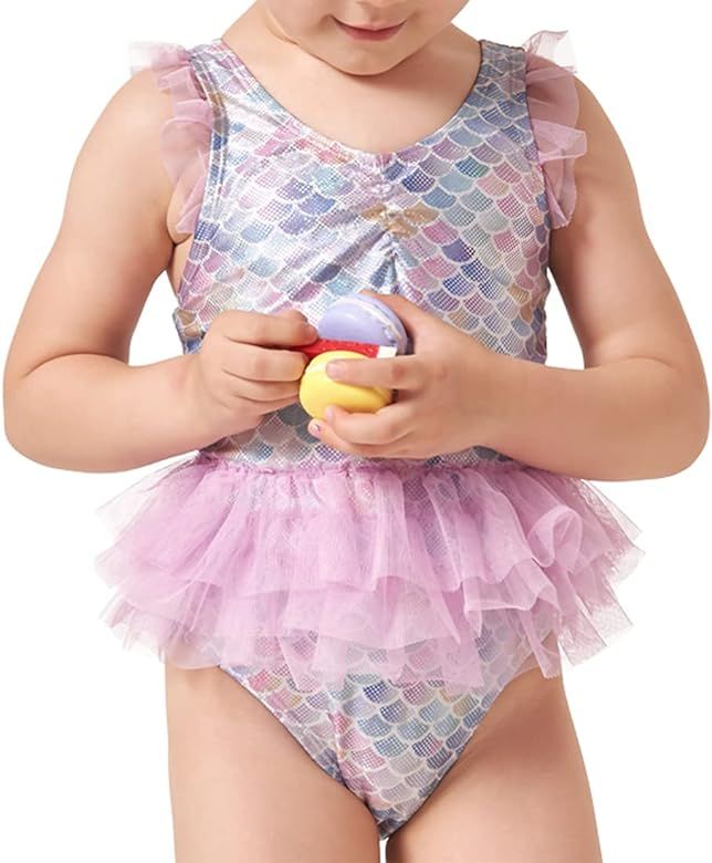 Julysand Toddler Girls One-Piece Mermaid Swimsuit with Mesh Skirt Ruffle Swimwear Sun Protection ... | Amazon (US)