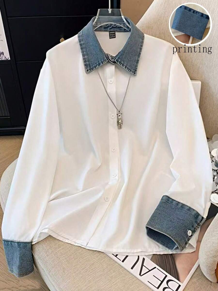 Selianne Women's Casual Patchwork Denim Effect Shirt, Autumn/Winter | SHEIN