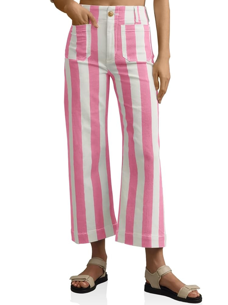 Tankaneo Womens Cropped Striped Jeans Casual High Waisted Stretchy Straight Leg Denim Pants with ... | Amazon (US)