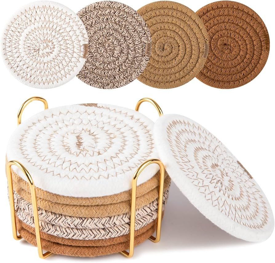 OIAHOMY 8 Pcs Coasters with Holder for Beer, Coffee, Woven Cotton Coaster Set for Table Decor for... | Amazon (US)