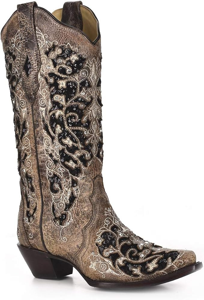 Corral Women's Black Inlay Floral Embroidery Studs Leather Cowgirl Boots - Brown … | Amazon (US)