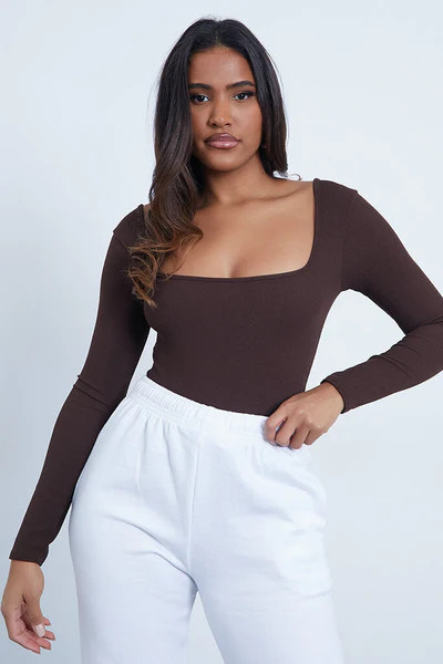 Chocolate Ribbed Square Neck Bodysuit | ISAWITFIRST UK