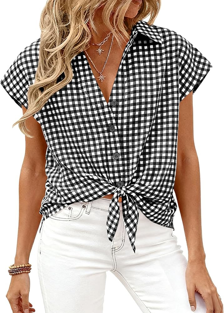 PRETTYGARDEN Womens Button Down Shirts V Neck Short Cap Sleeve Collared Plaid Tops 2026 Summer Sp... | Amazon (US)