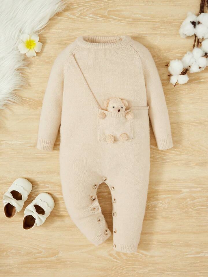 SHEIN Baby Girl Bear Decor Raglan Sleeve Ribbed Knit Jumpsuit | SHEIN