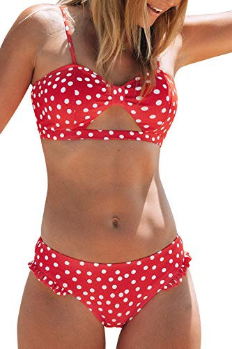 CUPSHE Women's Red Polka Dot Cutout Ruffles Back Hook Closure Bikini Sets L | Amazon (US)