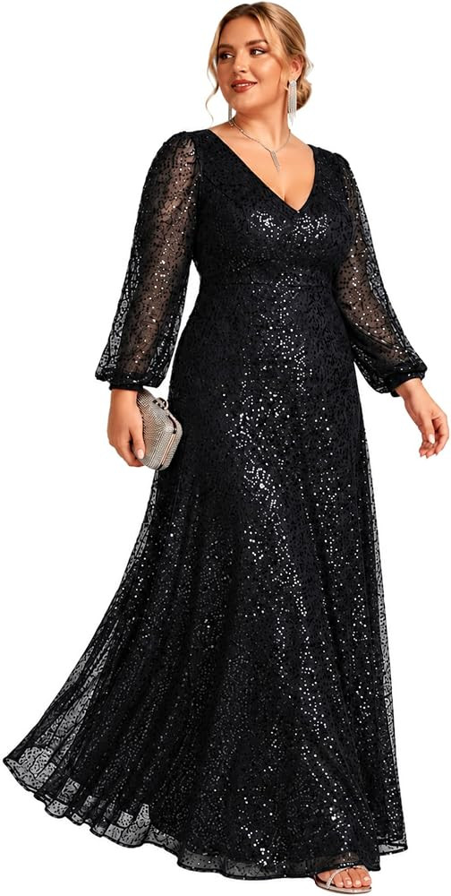 Ever-Pretty Women's Elegant A-Line V Neck Sheer Long Sleeves Plus Size Sequin Formal Dress Evenin... | Amazon (US)