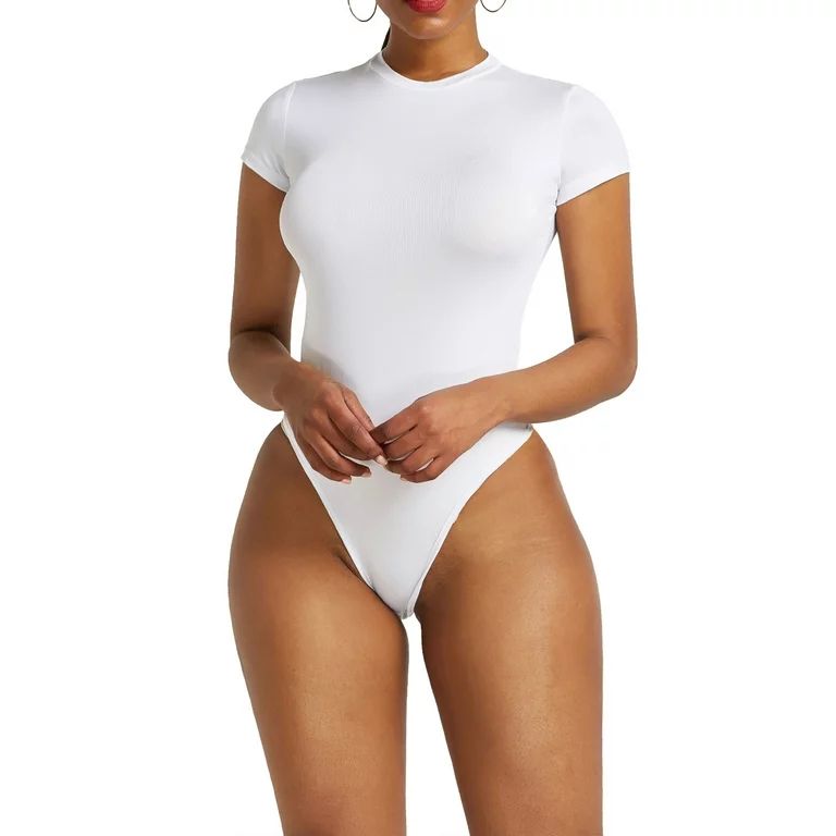 CUE AIR Women's Bodysuits Sexy Bodycon Short Sleeve Scoop Neck Leotard Bodysuit | Walmart (US)