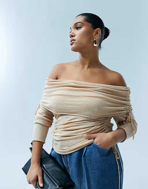 ASOS DESIGN Curve draped knitted off shoulder top in wool blend in tan | ASOS (Global)