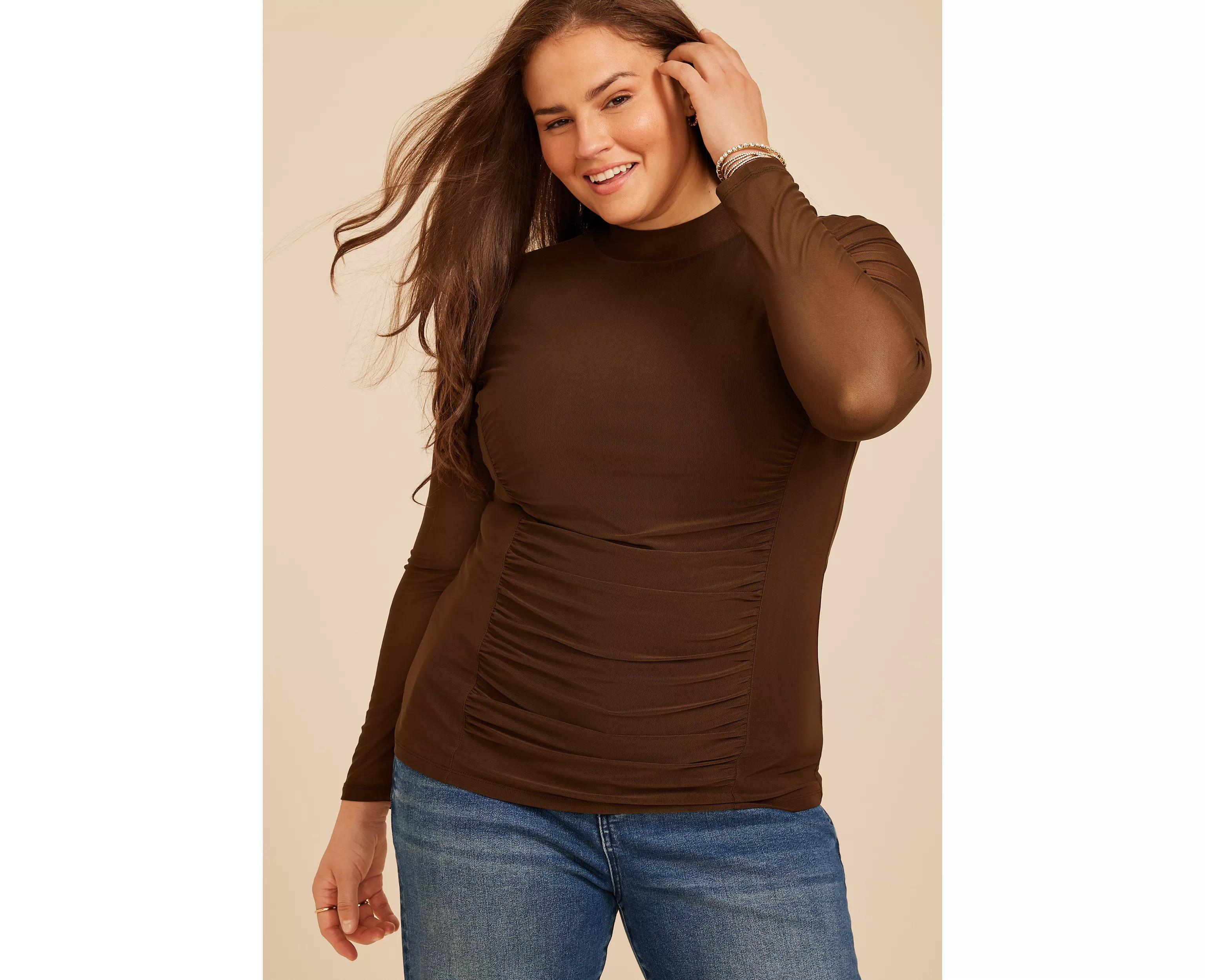 Plus Size Mesh Ruched Mock Neck Top | maurices | Maurices