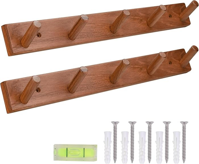 Natural Teak Wall-Mounted Coat Rack (Set of 2, 16.6")-Farmhouse Entryway Hooks with 5 Wooden Hook... | Amazon (US)