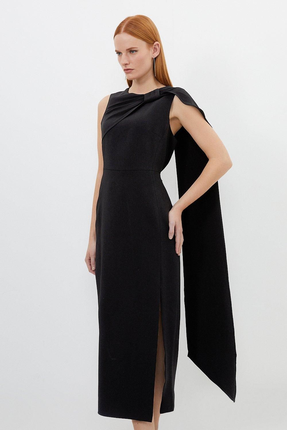 Compact Stretch Viscose Knot Drape Tailored Midi Dress | Karen Millen UK + IE + DE + NL