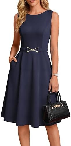 GRACE KARIN Work Business Midi Flowy Sleeveless Dresses for Women | A Line,Belted,Collar Neck,Kne... | Amazon (US)
