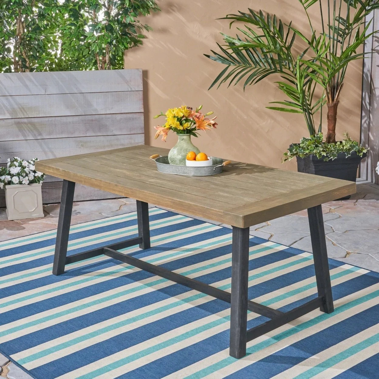 GDF Studio Foster Outdoor Acacia Wood Rectangular Dining Table Sandblasted Teak and Black, 6 Pers... | Walmart (US)