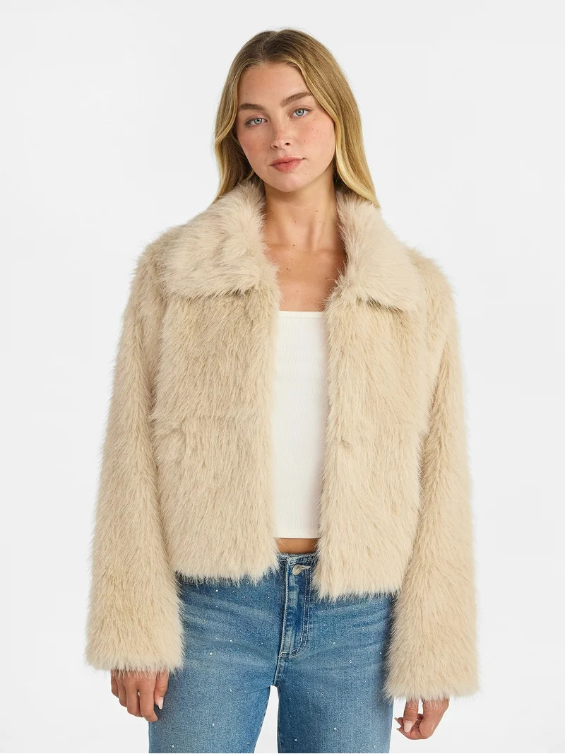 No Boundaries Faux Fur Coat, Women's and Plus | Walmart (US)