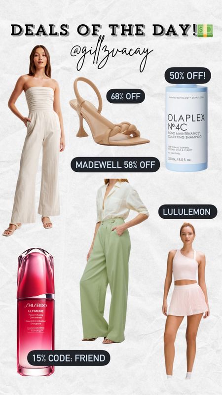 Summer outfit. Beach outfit. Spring outfit. Linen jumpsuit. Linen outfits. Resort wear outfit inspo. Summer wedding outfit. Nude heels. Beige heels. Olaplex shampoo on sale. Designer hair products on sale. Sephora sale. Lululemon on sale. Lululemon top and tank. Yoga and Pilates outfit. Madewell pants. Madewell on sale. Shiseido beauty on sale. Shiseido ultimune serum on sale. Morning skincare routine serum. Hydrating and moisturizing serum on sale. Mother’s Day gift guide. Mother’s Day gift inspo. Beauty lovers. Mother’s Day outfit inspo. 

#LTKfindsunder100 #LTKsalealert #LTKstyletip
