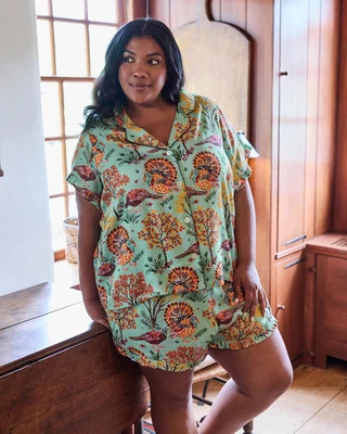 Eco Silky Ruffle Short Pajama Set in Turkey Trot | Women's M | Blue | | Printfresh
