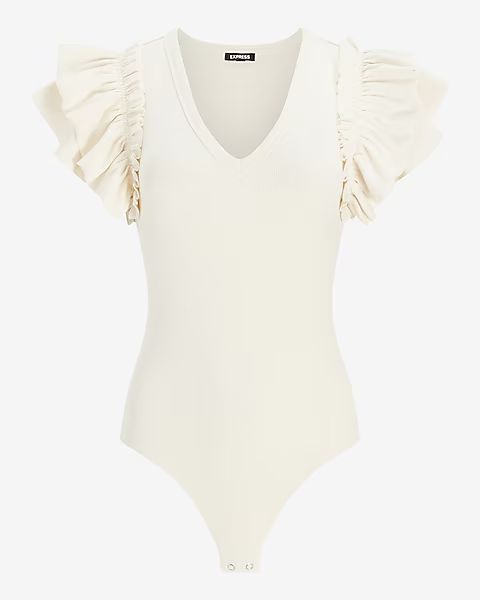 V-Neck Ruffle Sleeve Thong Bodysuit | Express