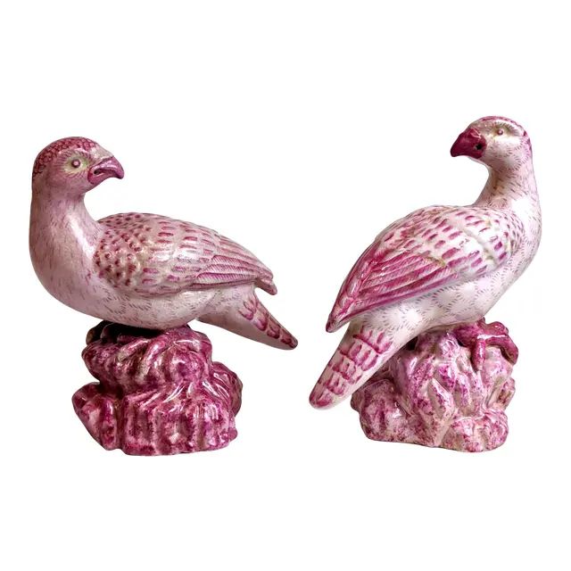 Late 20th Century Pink Chinoiserie Style Porcelain Birds - a Pair | Chairish