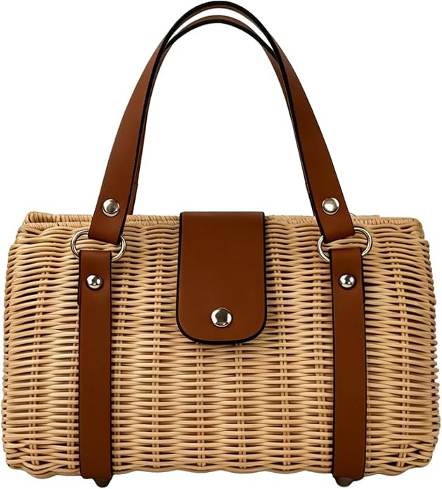 Rattan Purse for Women, Structured Straw Tote Bag, Woven Wicker Satchel Handbag with Reinforced H... | Amazon (US)