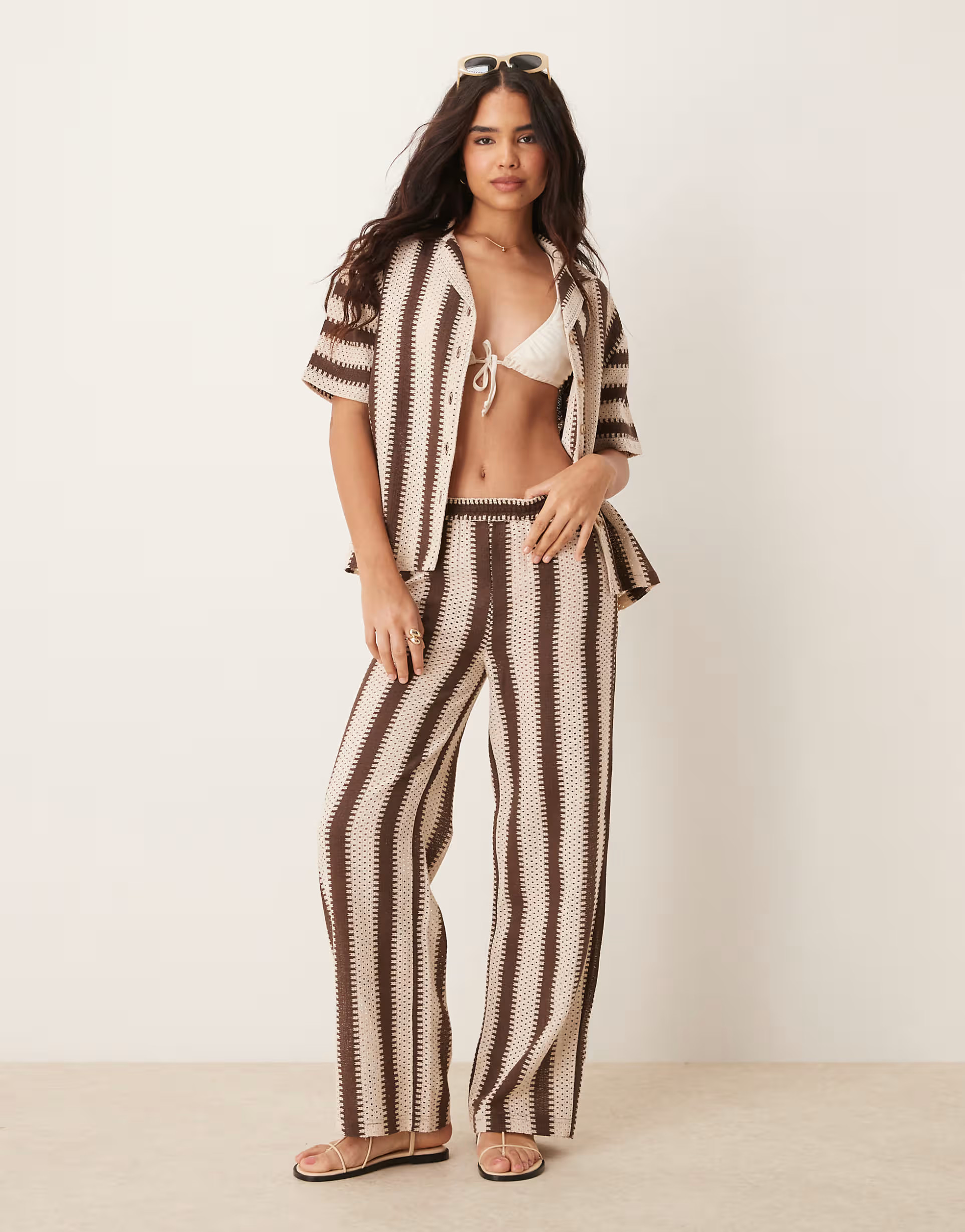 Iisla & Bird stripe crochet beach trouser co-ord in brown and cream | ASOS (Global)